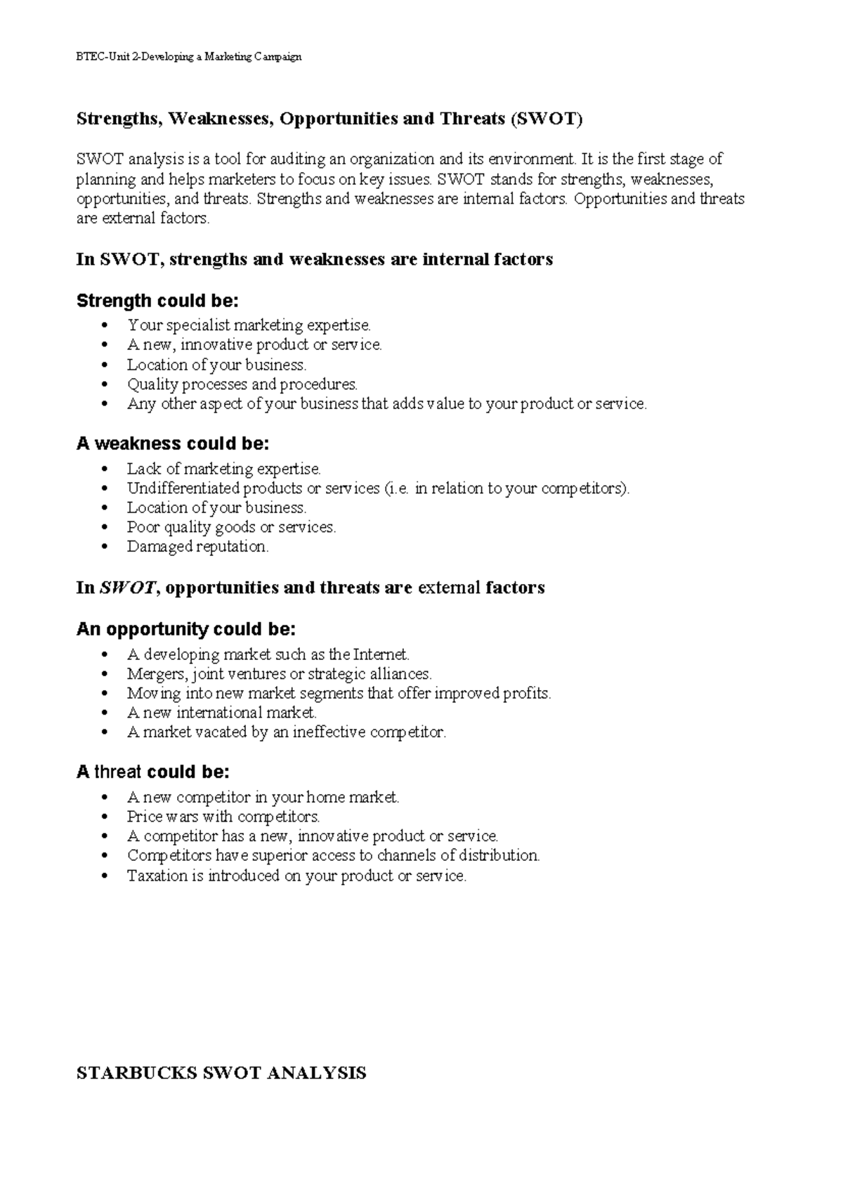 SWOT Analysis of Starbucks - BTEC Unit 2 Marketing Campaign - Studocu