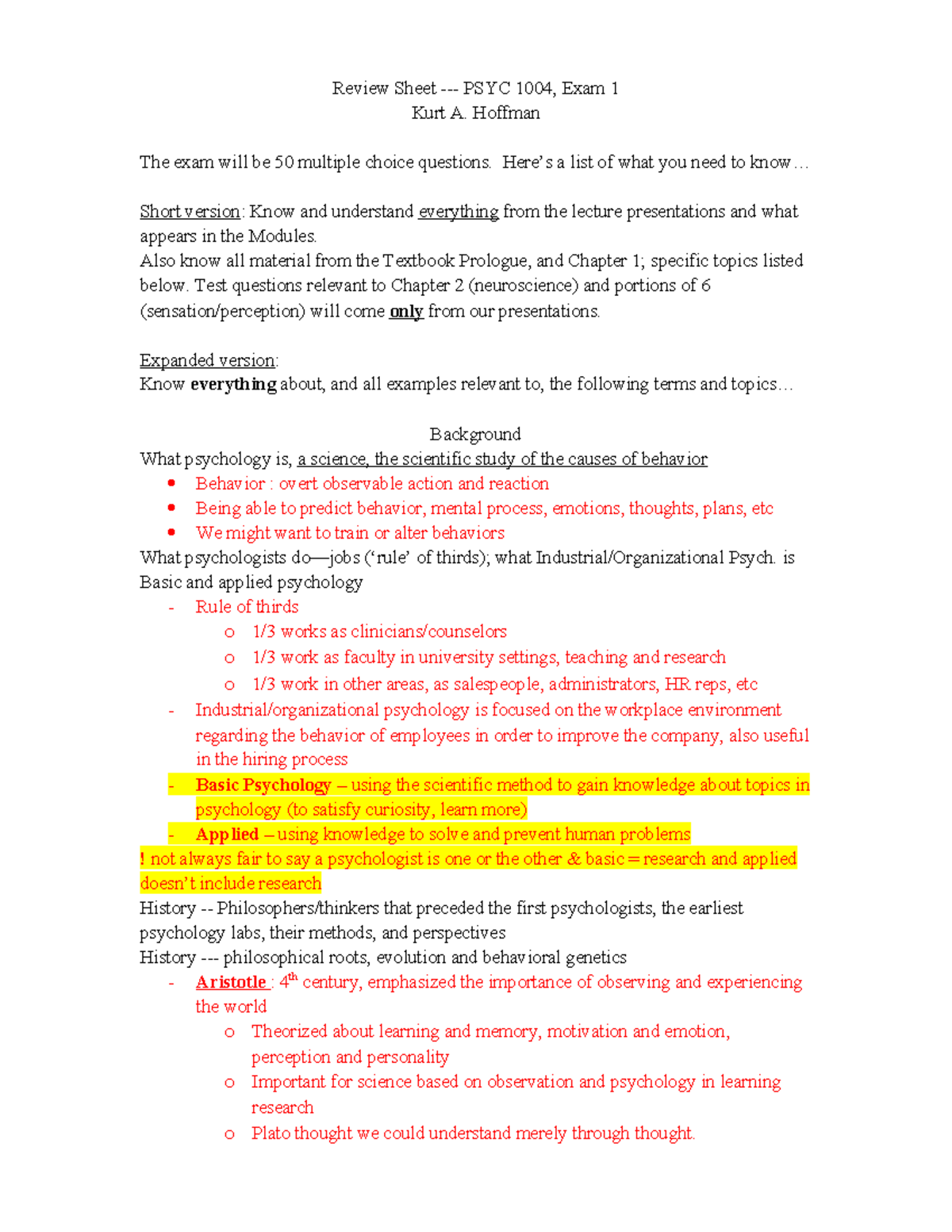 PSYC 1004 Exam 1 Review Sheet: Key Concepts and Topics for Success ...