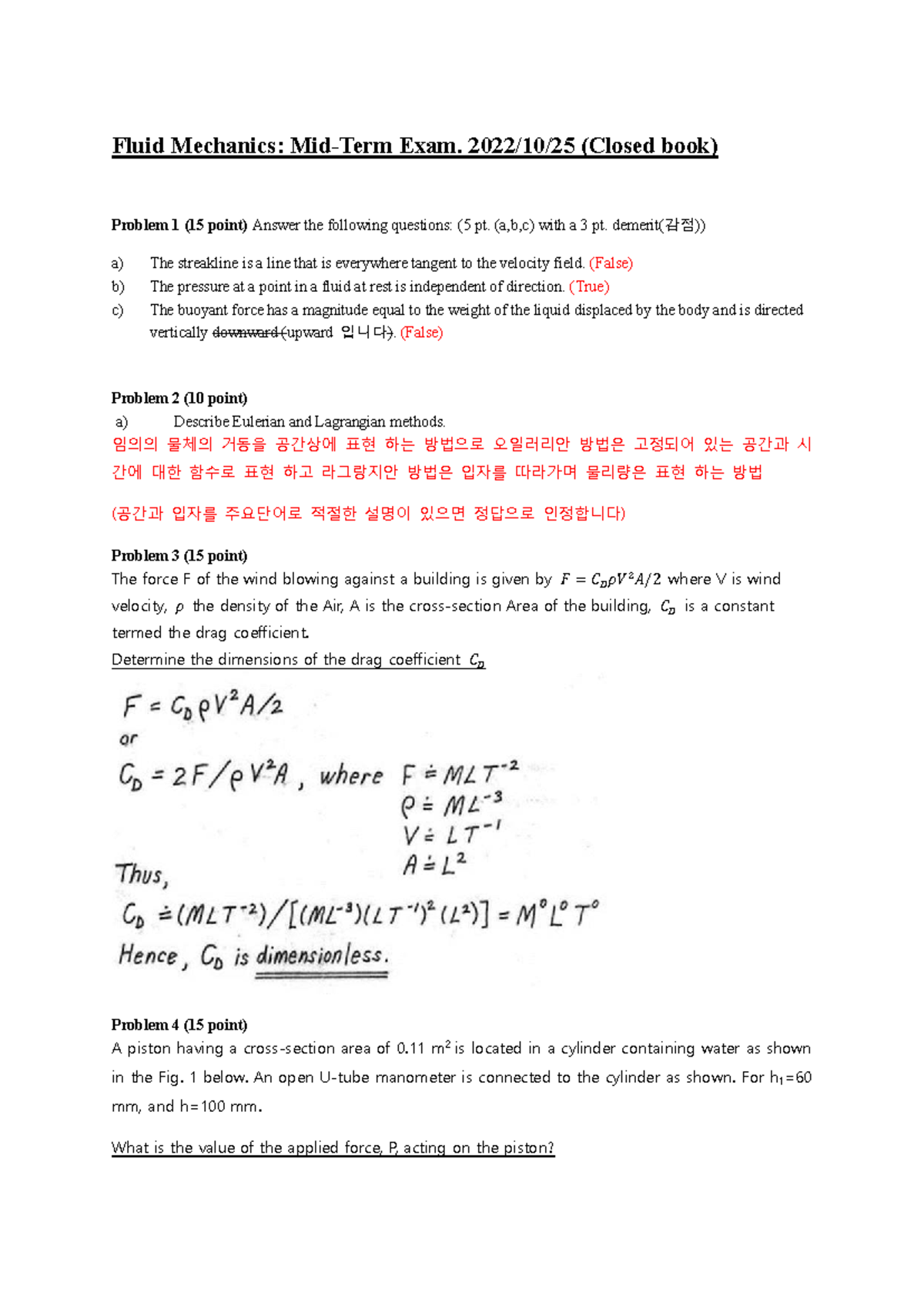 Fluid Mechanics: Midterm Exam Problems (Closed Book) - Studocu