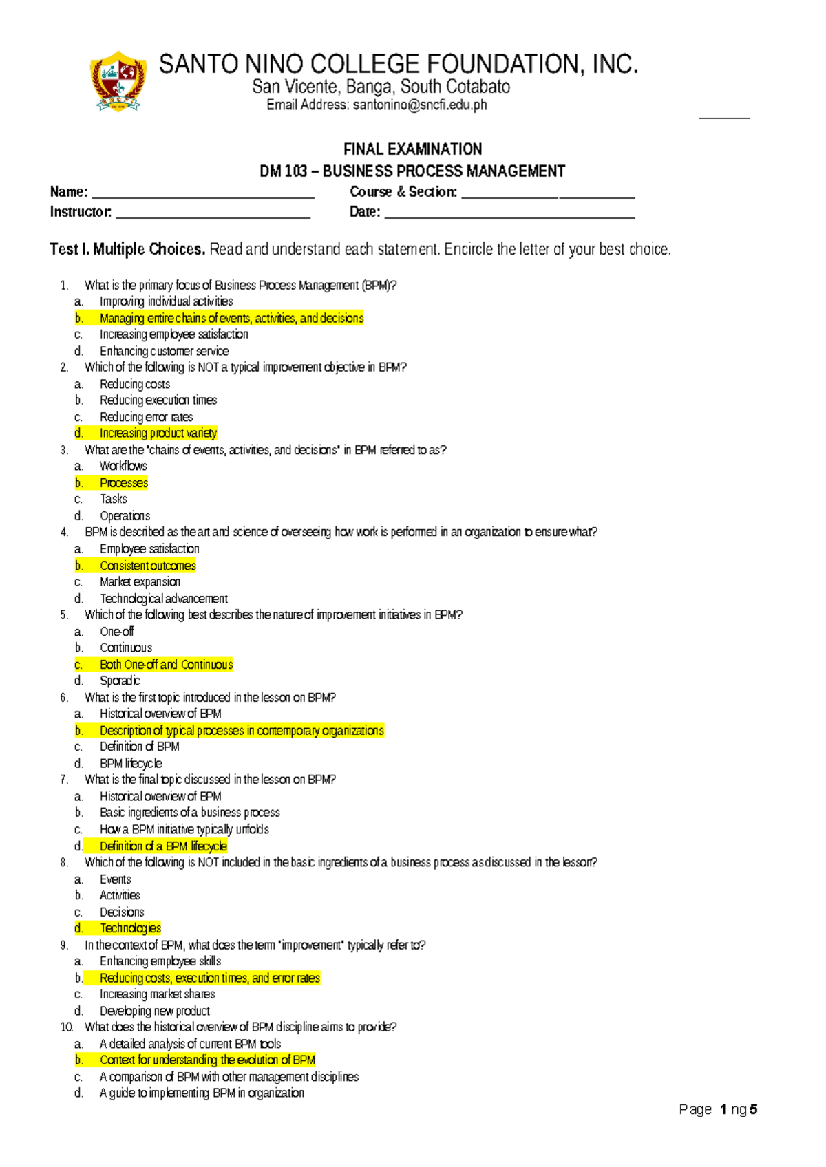 DM 103 - Business Process Management Midterm Exam with Answer Key - Studocu