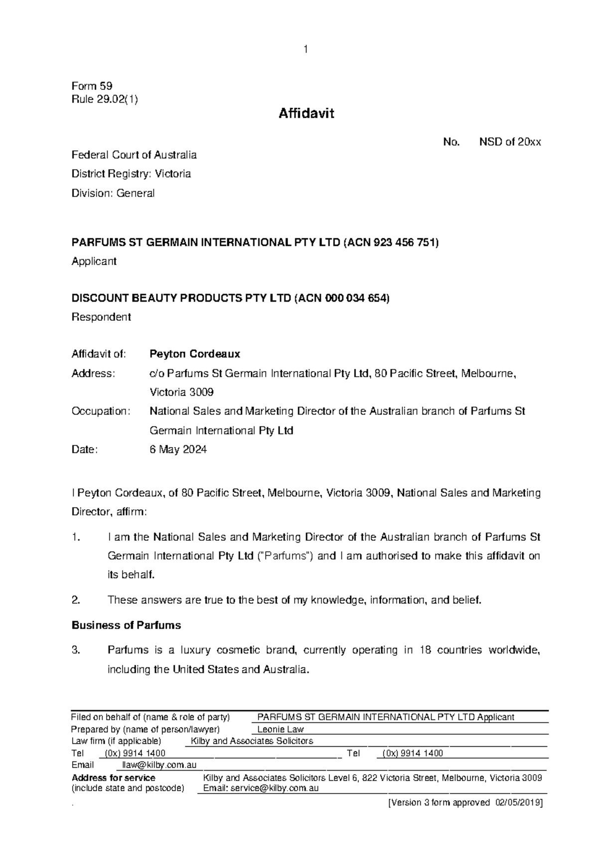 FCA Form 59 Affidavit Submission: Parfums St Germain International ...