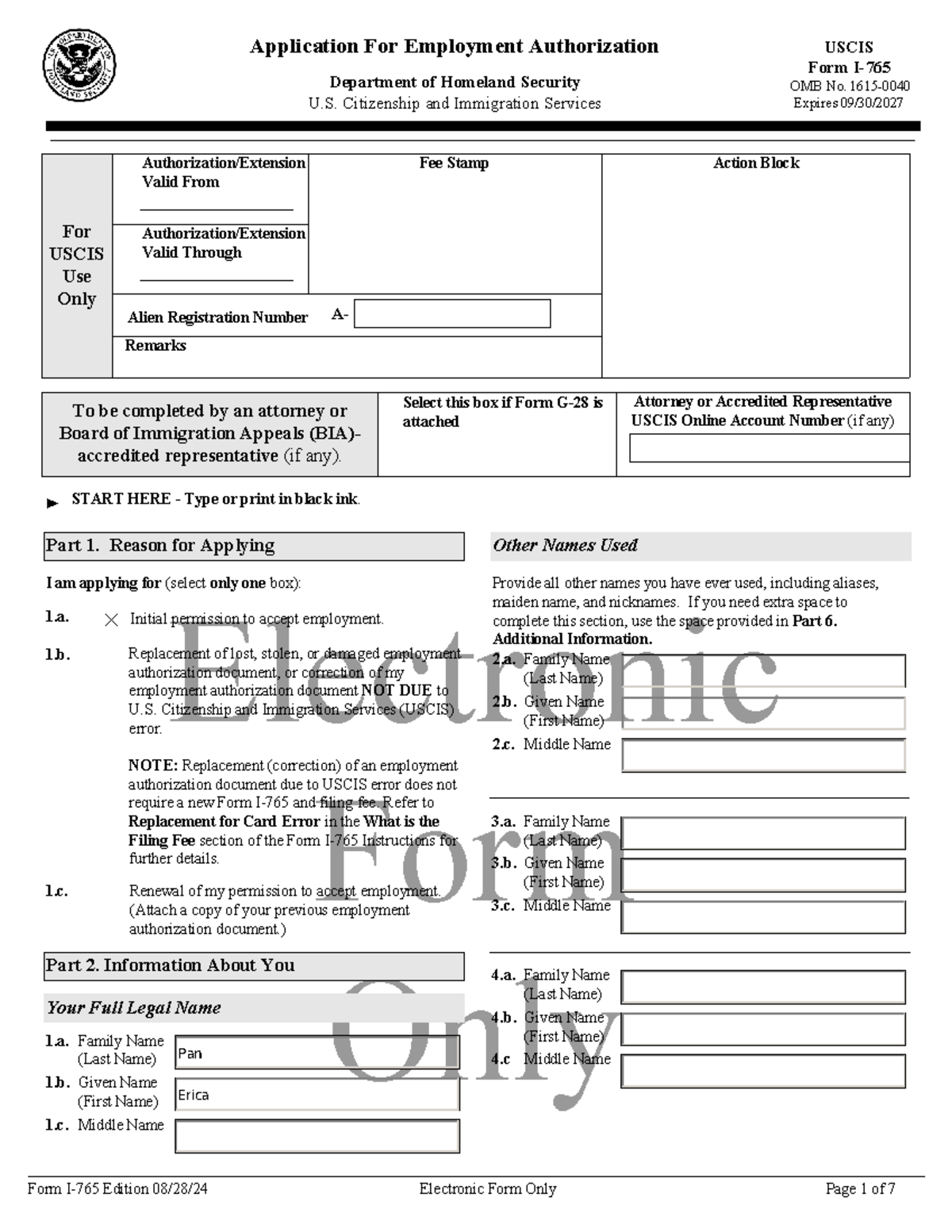 Application for Employment Authorization (Form I-765) - Erica Pan ...