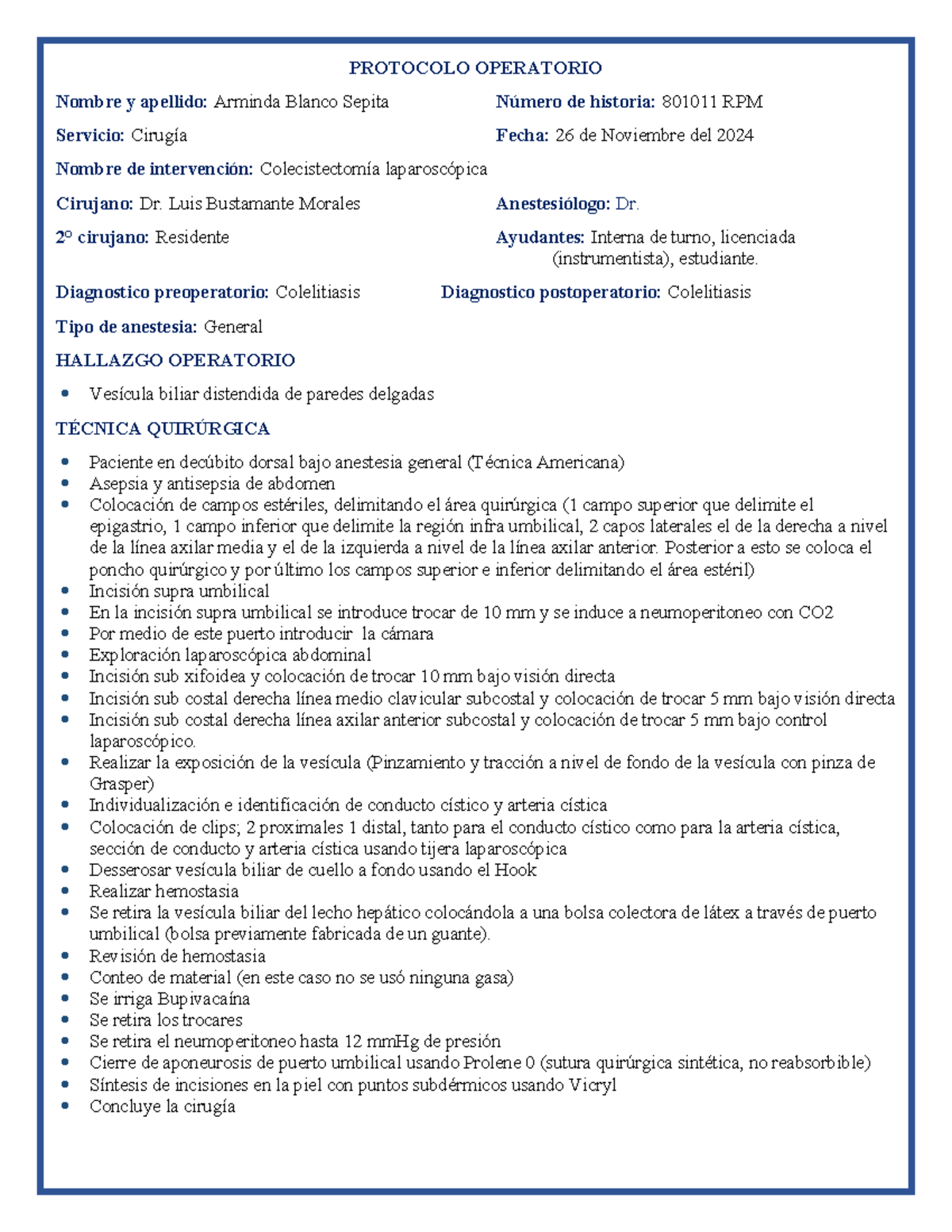 PROTOCOLO OPERATORIO: Colecistectomía Laparoscópica - Dr. Bustamante - Document Preview