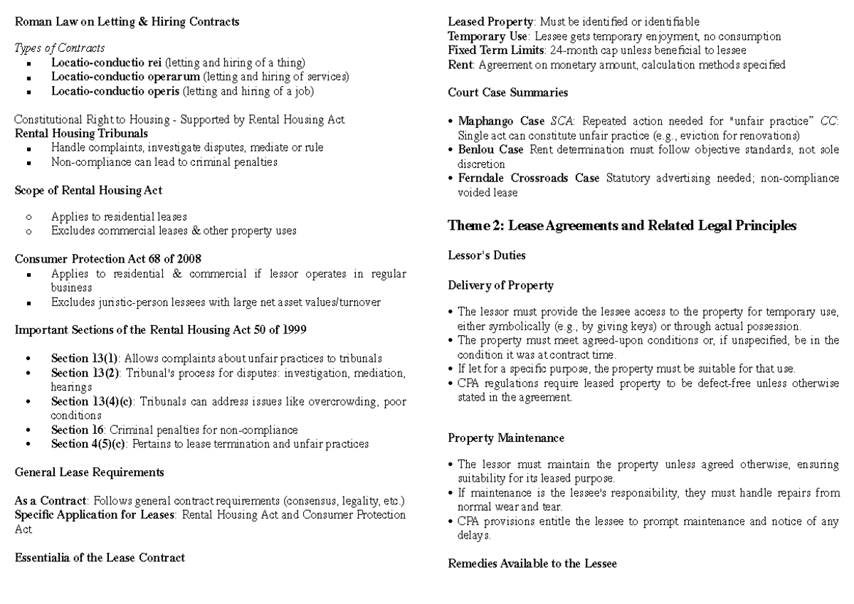 KTH EXAM - Roman Law on Letting and Hiring Contracts Overview - Studocu