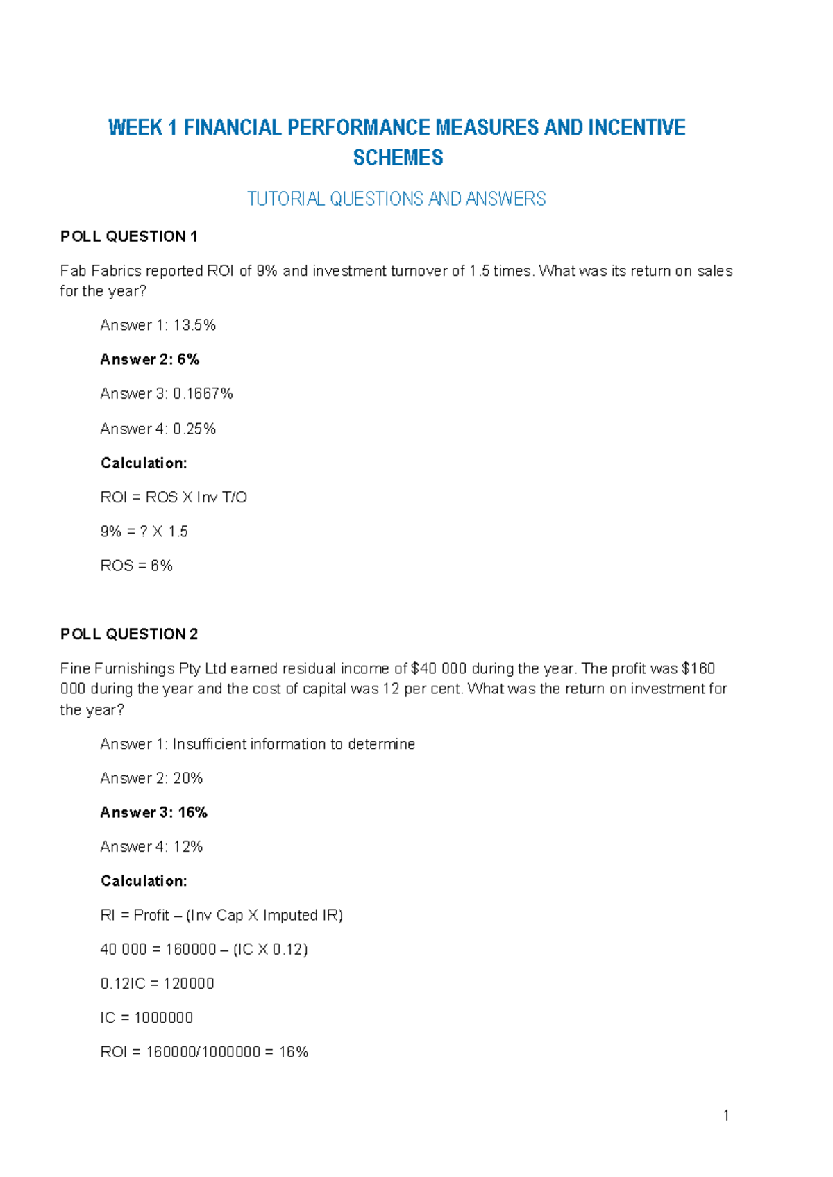 Weekly Tutorial Questions answer guide - WEEK 1 FINANCIAL PERFORMANCE ...