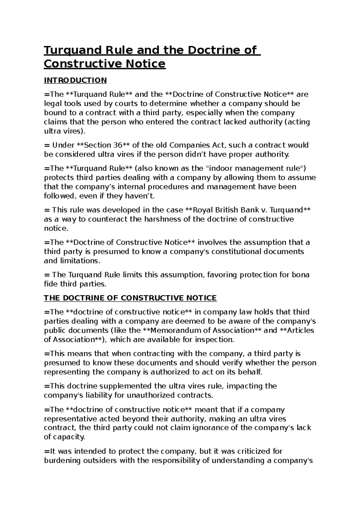Constructive Notice & Turquand Rule in Company Law: A Study Guide - Studocu