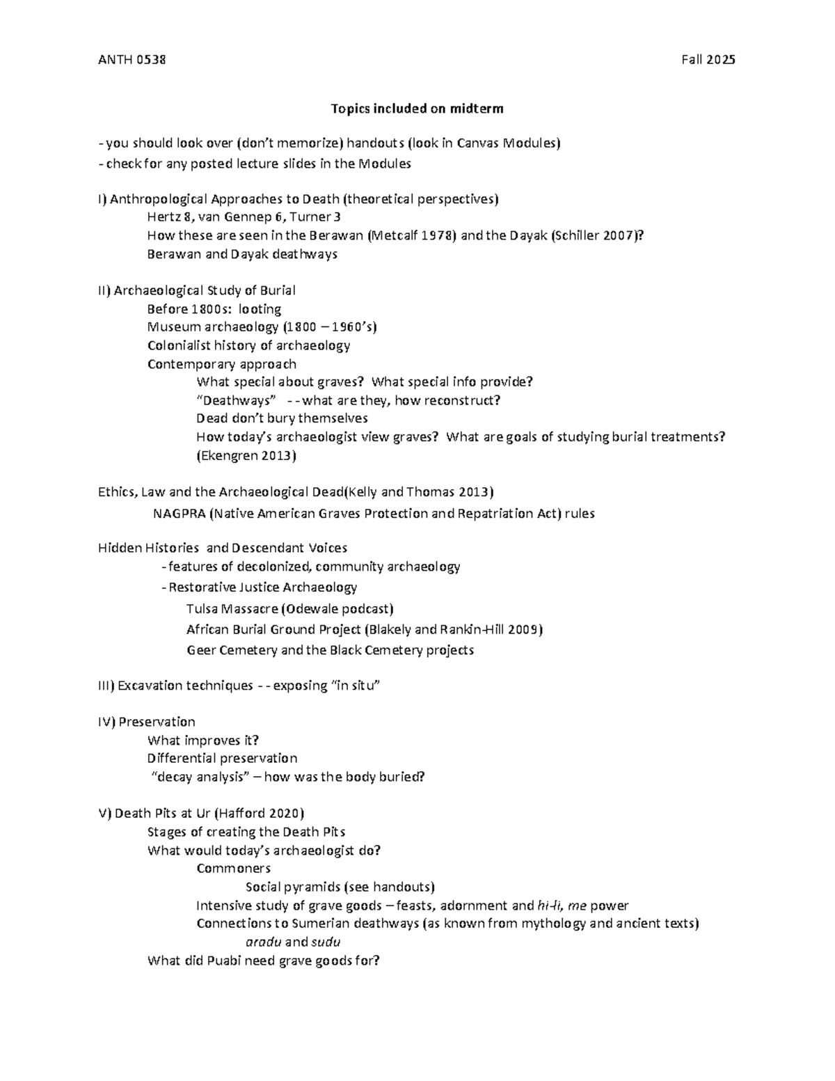 ANTH 0538 Fall 2025 Midterm Study Guide: Burial & Death Rituals - Studocu