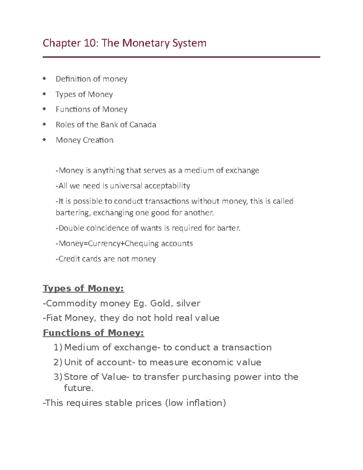 Lecture Notes, Lecture 10 - Ch. 10: The Monetary System Overview - Studocu