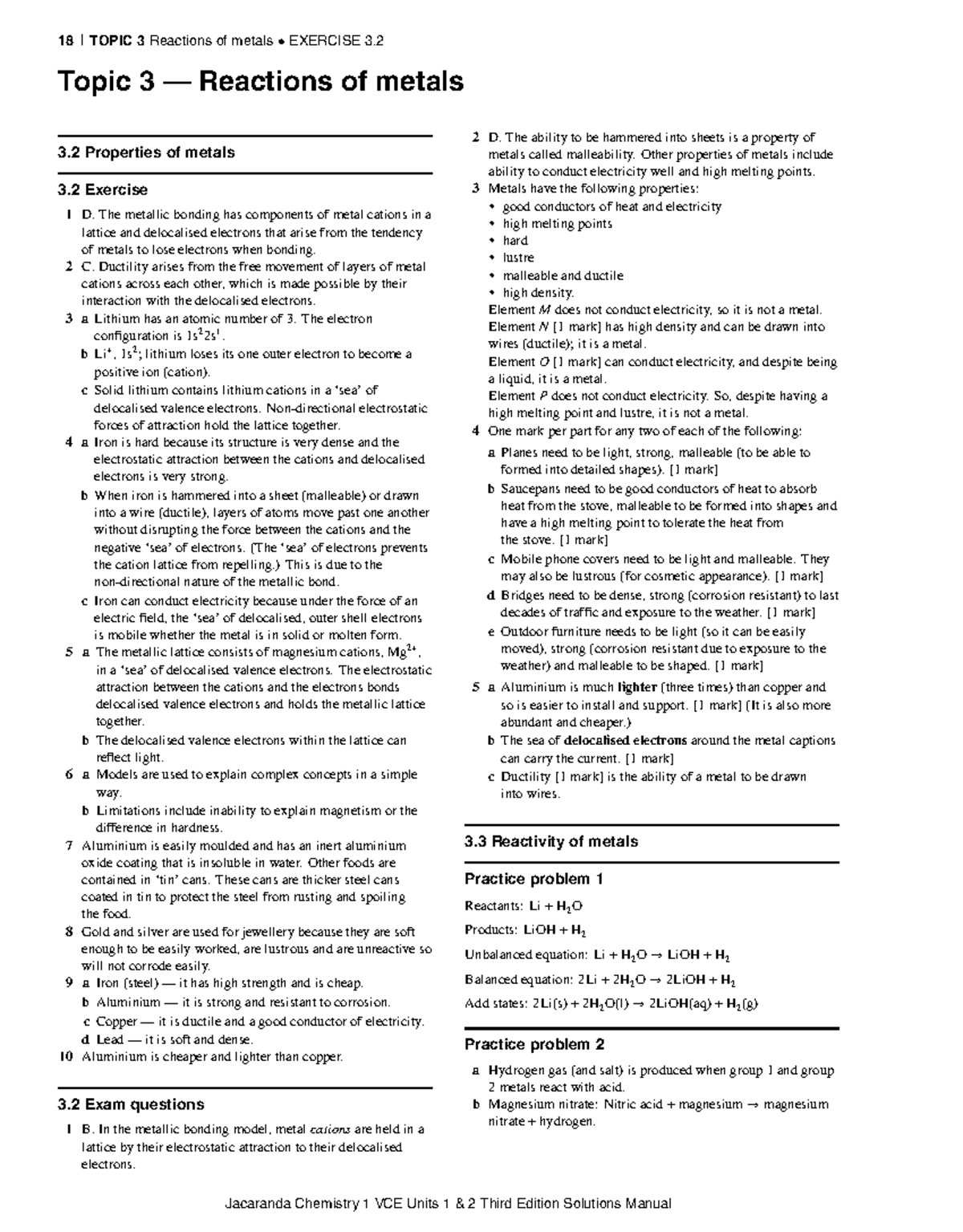 18 VCE Chemistry Unit 1 Topic 3: Reactions of Metals Solutions - Studocu