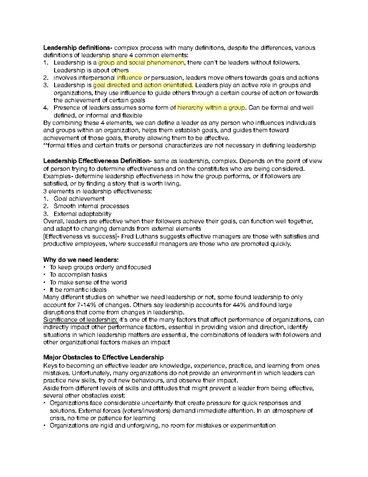 Chapter 1 Notes: Definition & Significance of Leadership Concepts - Studocu