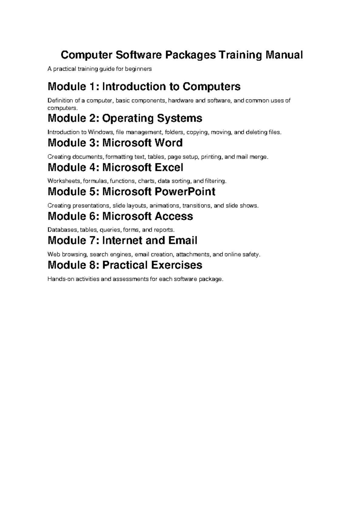 Computer Software Packages Training Manual: Beginner's Guide - Studocu