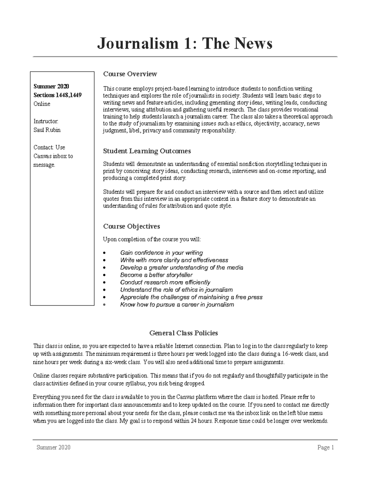 Journ 1 Smr 2020 Syllabus - Summer 2020 Page 1 Journalism 1: The News ...