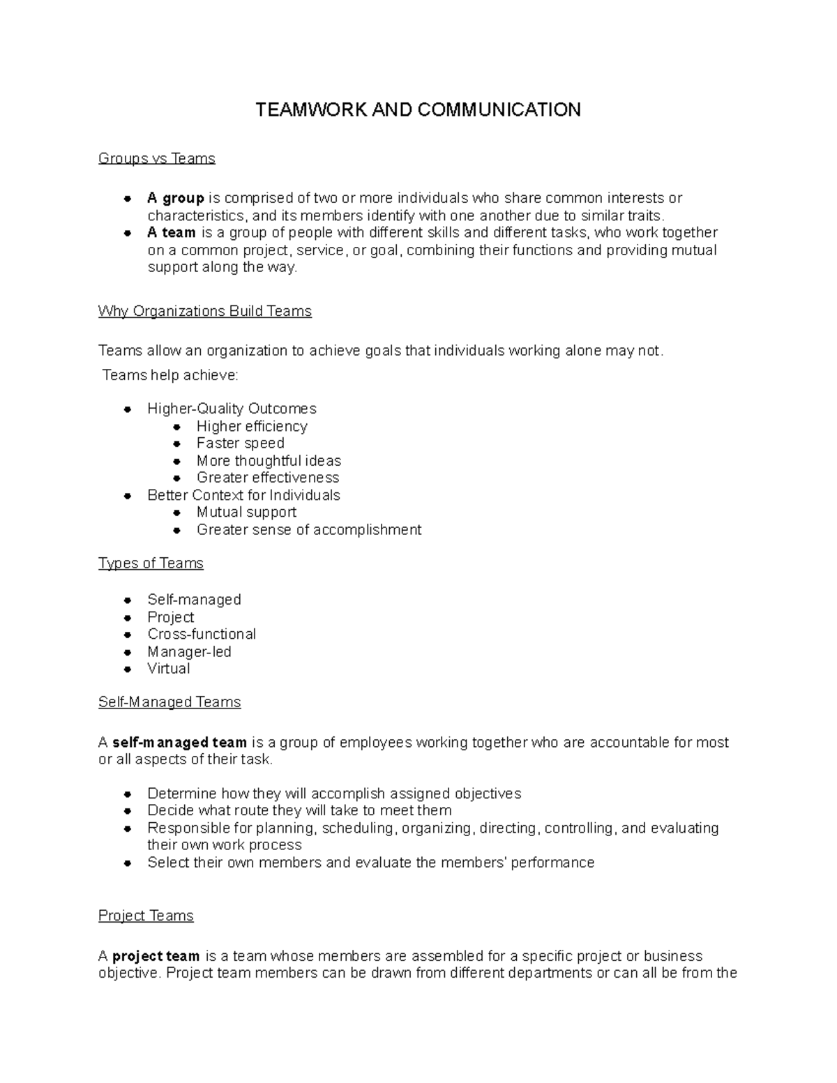 Intro to Business CH 11 Notes: Teamwork & Communication Part 1 - Studocu