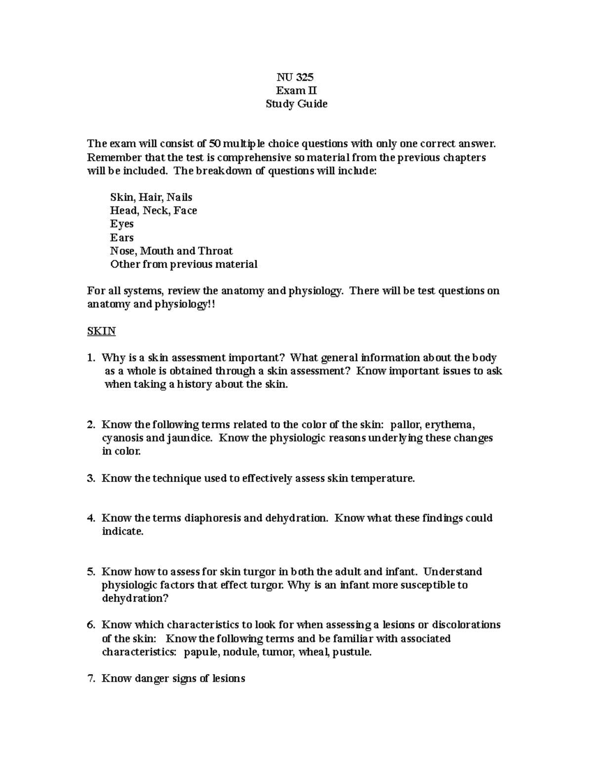 NU 325 Exam II Comprehensive Study Guide for Key Concepts - Studocu