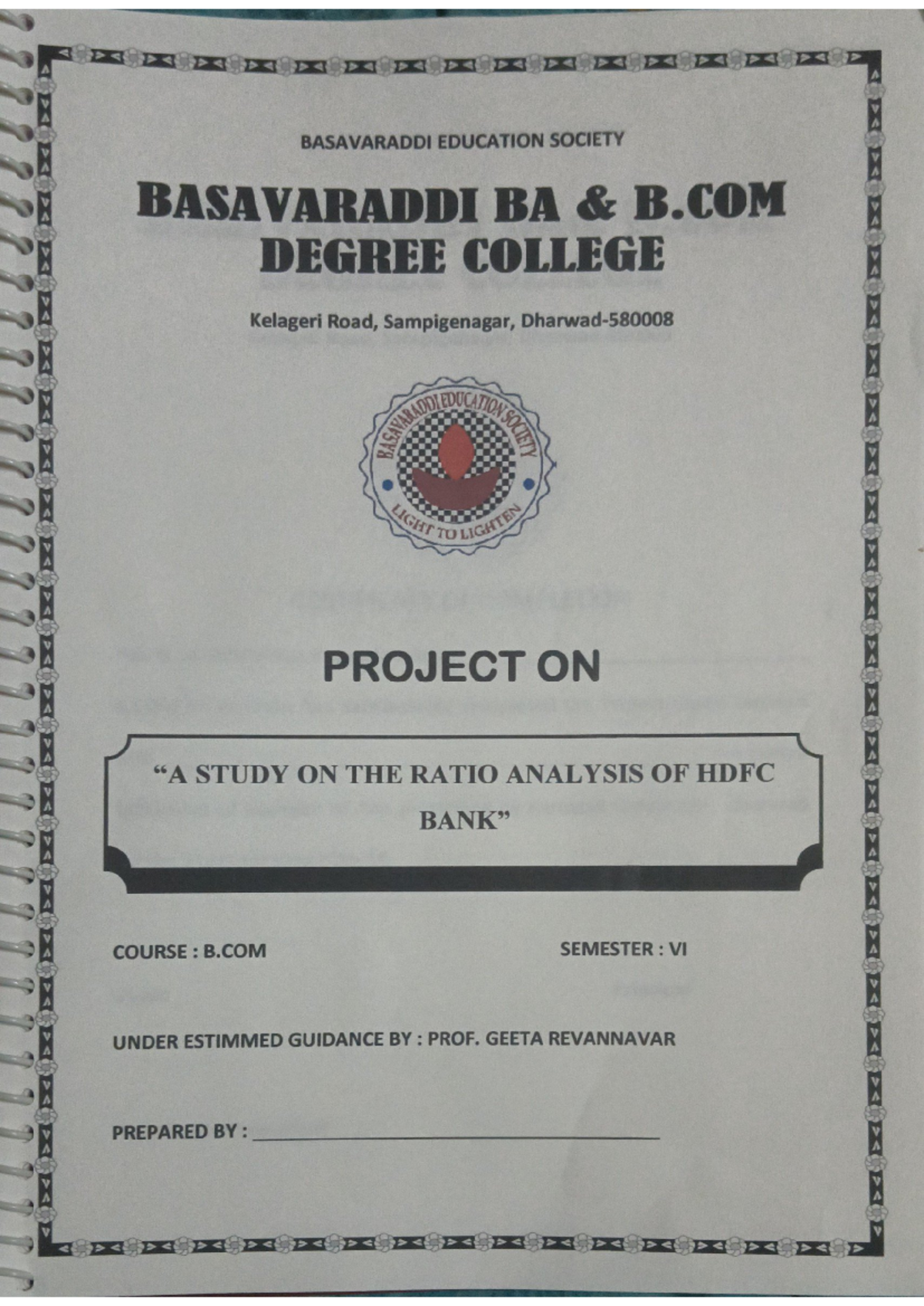 B.COM VI Project: Ratio Analysis of HDFC Bank - Document Preview