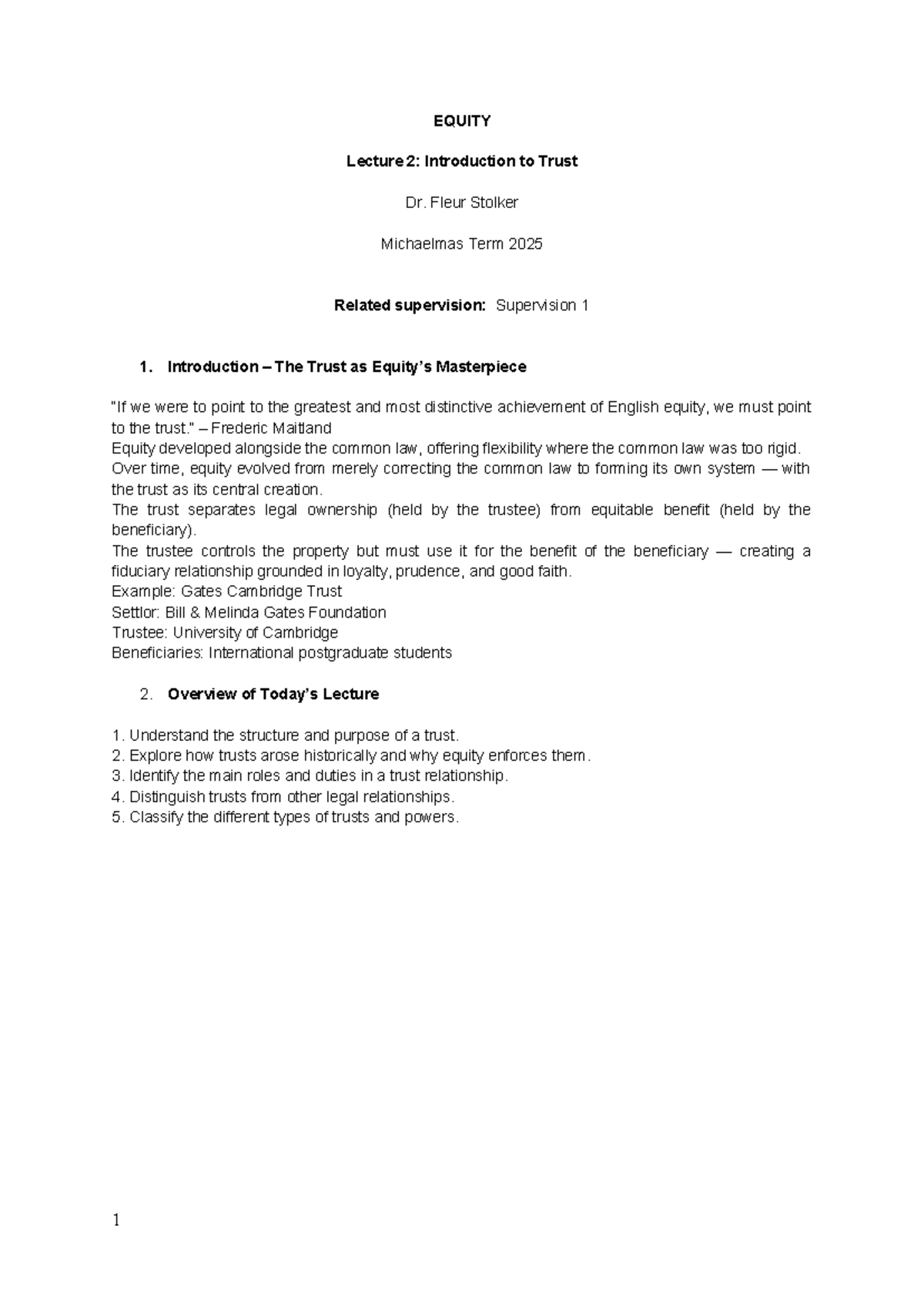 EQUITY Lecture 2: Understanding Trusts and Their Legal Framework - Studocu
