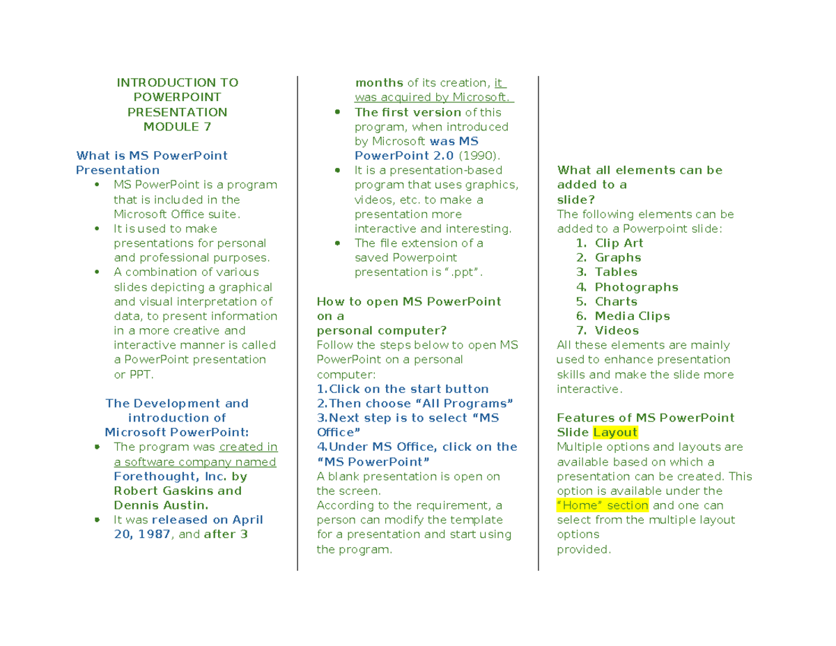 MSP 101: Introduction to MS PowerPoint Presentation Module 7 - Studocu