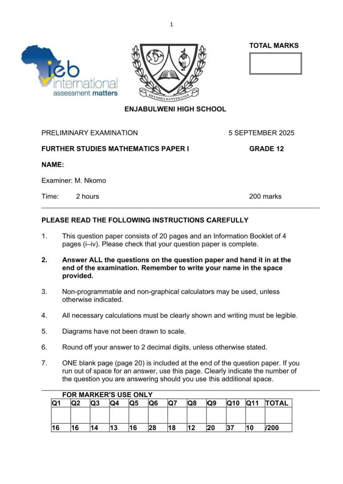 FSM Grade 12 Preliminary Exam 2025 - Further Studies Mathematics Paper ...