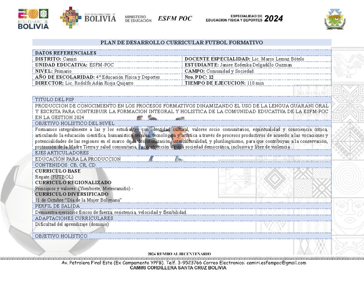 PDC 12: Plan de Desarrollo Curricular para Fútbol Formativo 2024 - Studocu