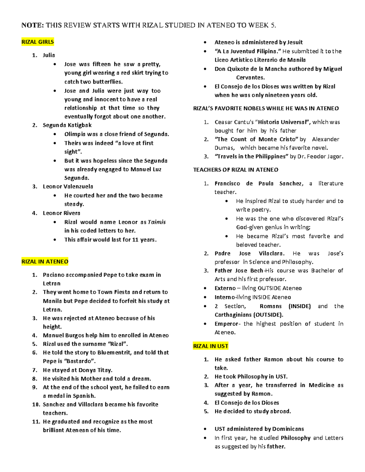 Rizal WEEK 4 5 Reviewer - NOTE: THIS REVIEW STARTS WITH RIZAL STUDIED ...