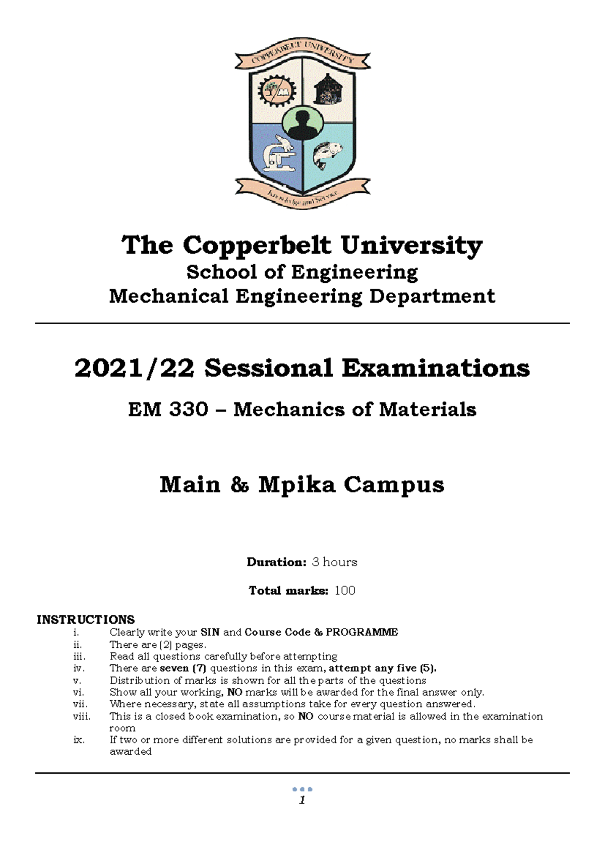 EM 330 Final Exam 2022 - Mechanics of Materials, Mpika Campus - Studocu