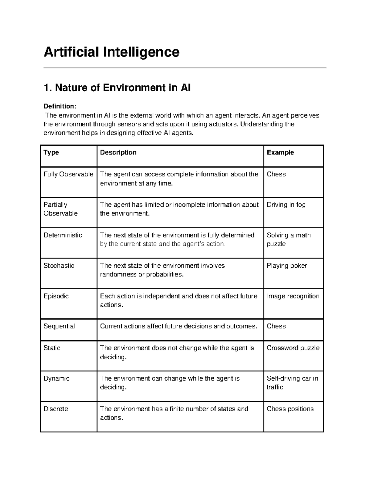 AI 101: Nature of Environment & Problem Characteristics Notes - Studocu