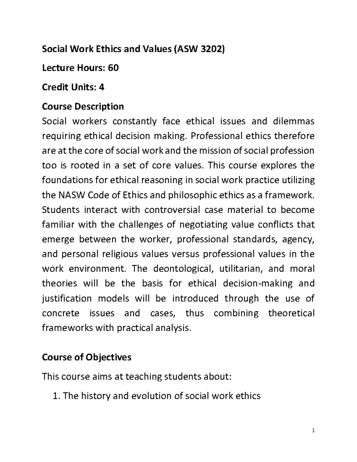 Social Work Ethics and Values (ASW 3202) Lecture Notes - Studocu