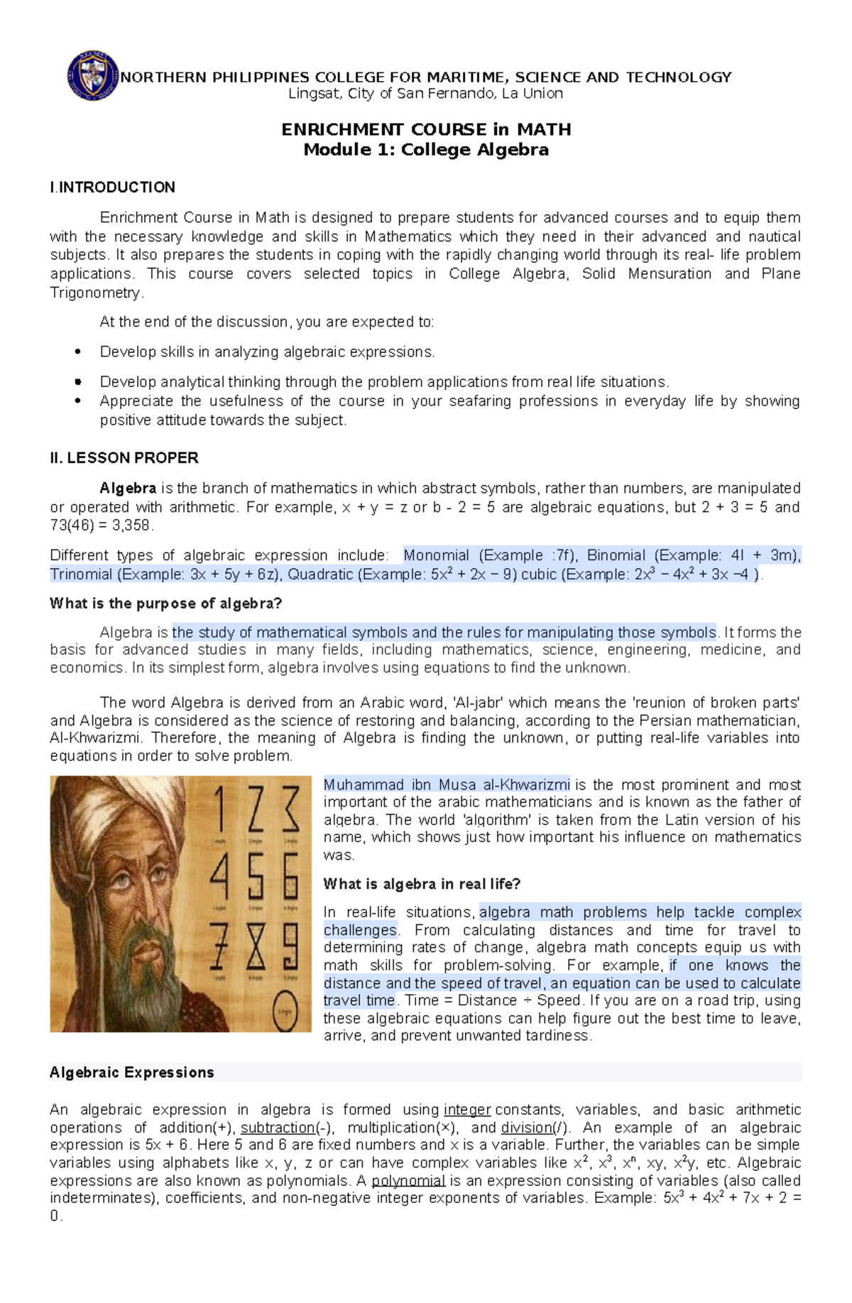 MATH 9084411688582942487: College Algebra Enrichment Module 1 - Studocu