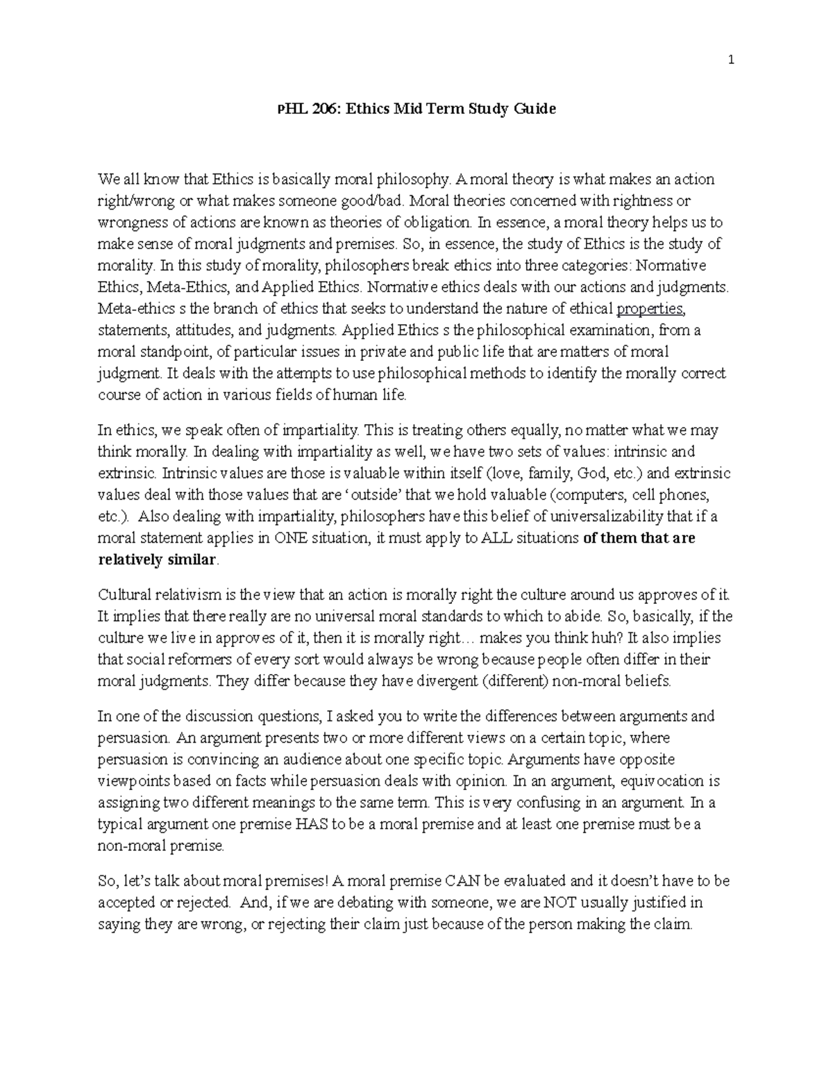 PHL 206 Ethics Midterm Study Guide: Key Concepts and Theories - Studocu