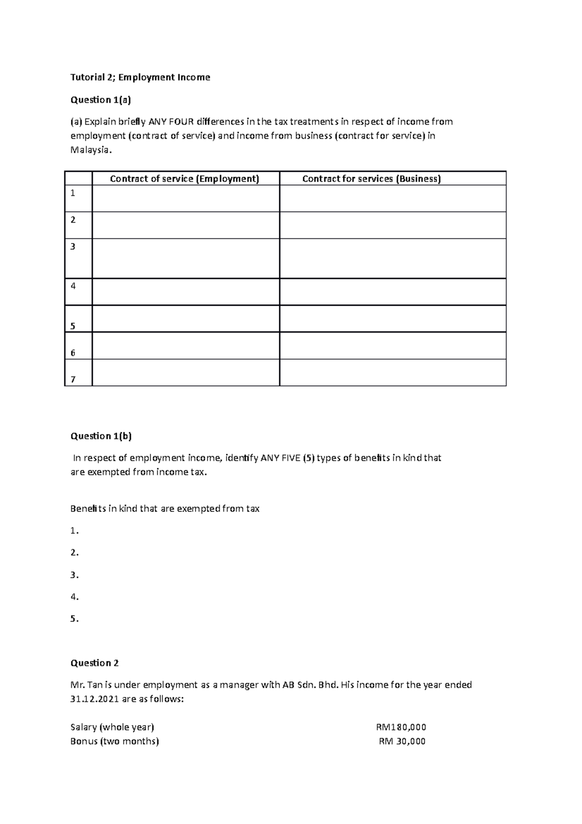 BBFT 2023 Tutorial 2: Employment Income Tax Treatment Questions - Studocu
