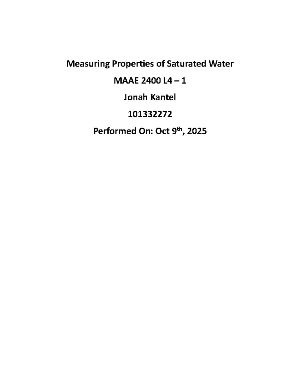 MAAE 2400 Lab 2: Measuring Properties of Saturated Water - Studocu