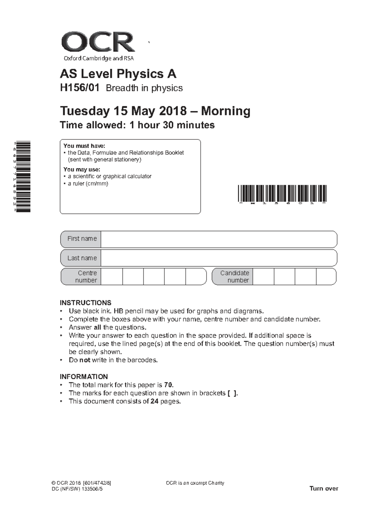 June 2018 OCR AS Level Physics A Exam Paper 1 - Question Paper - Studocu