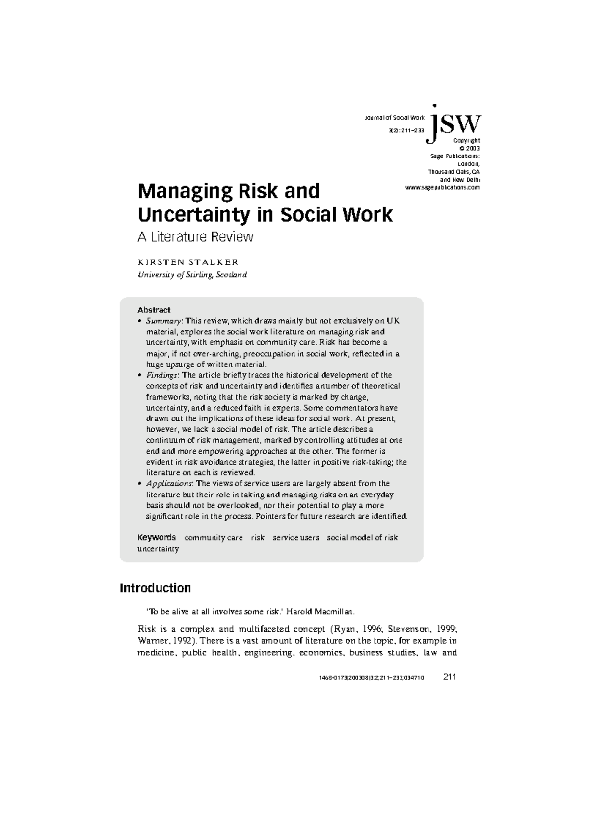 Managing Risk and Uncertainty in Social Work: A Literature Review (SW ...