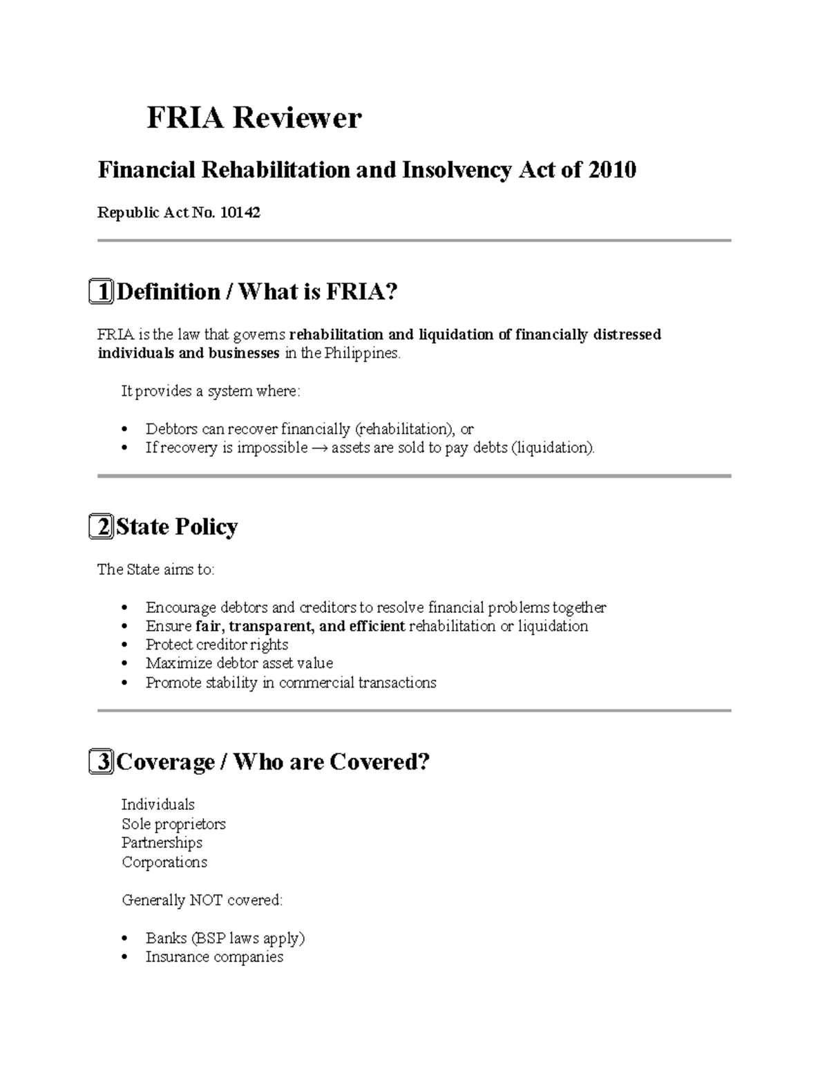 FRIA Reviewer: Financial Rehabilitation and Insolvency Act of 2010 ...