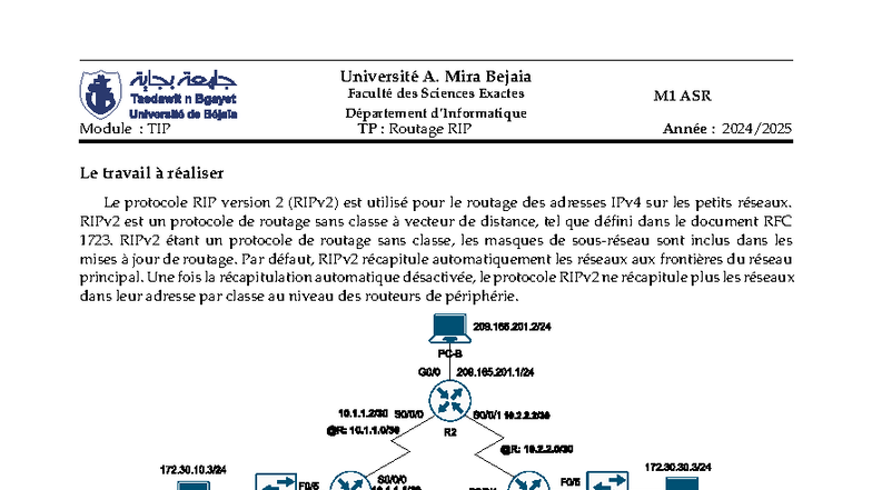 TP RIP TIP 2024 : Routage avec le protocole RIPv2 - Studocu