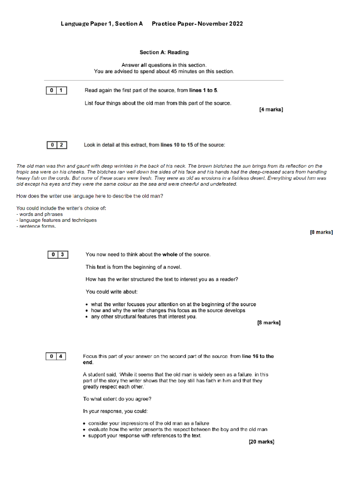 Language Paper 1 Practice: Section A November 2022 Exam Guide - Studocu