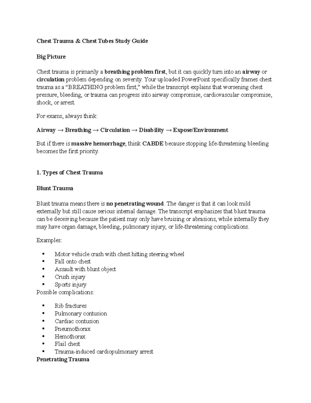 MedSurg 2 Exam 4: Chest Trauma & Tube Management Study Guide - Studocu