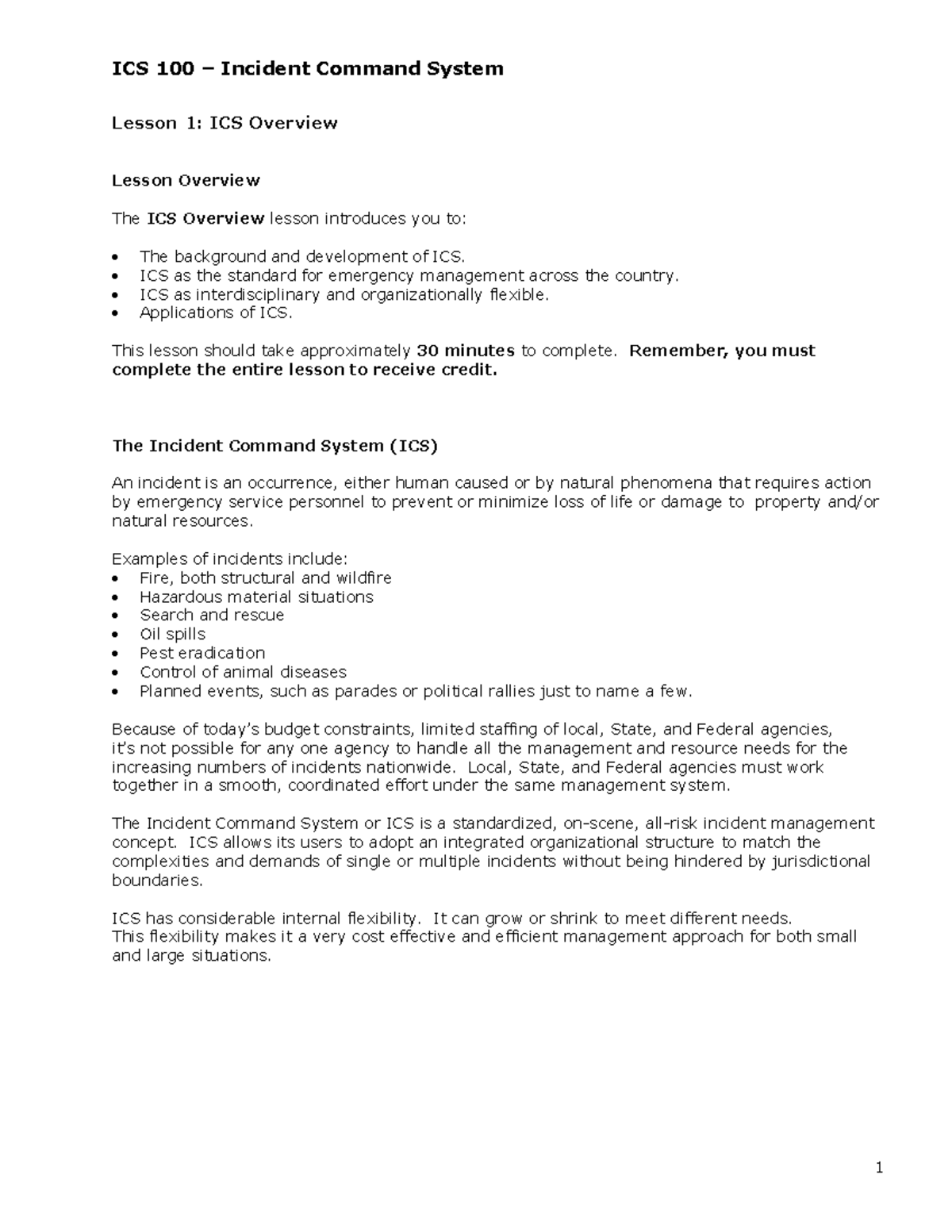 ICS 100 Incident Command System: Overview and Applications - Studocu