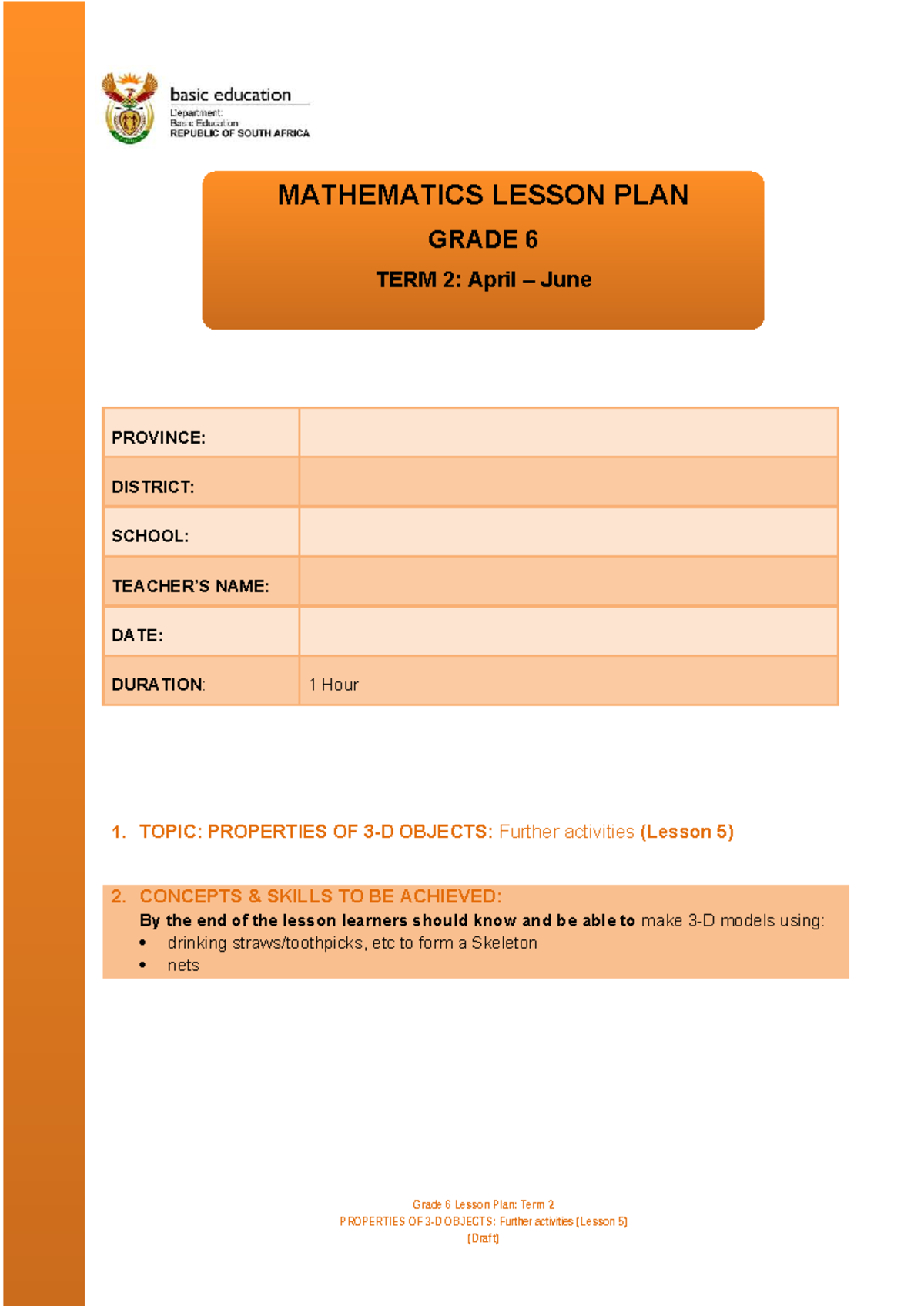 MATHEMATICS GRADE 6 TERM 2 LESSON PLAN: PROPERTIES OF OBJECTS - Studocu