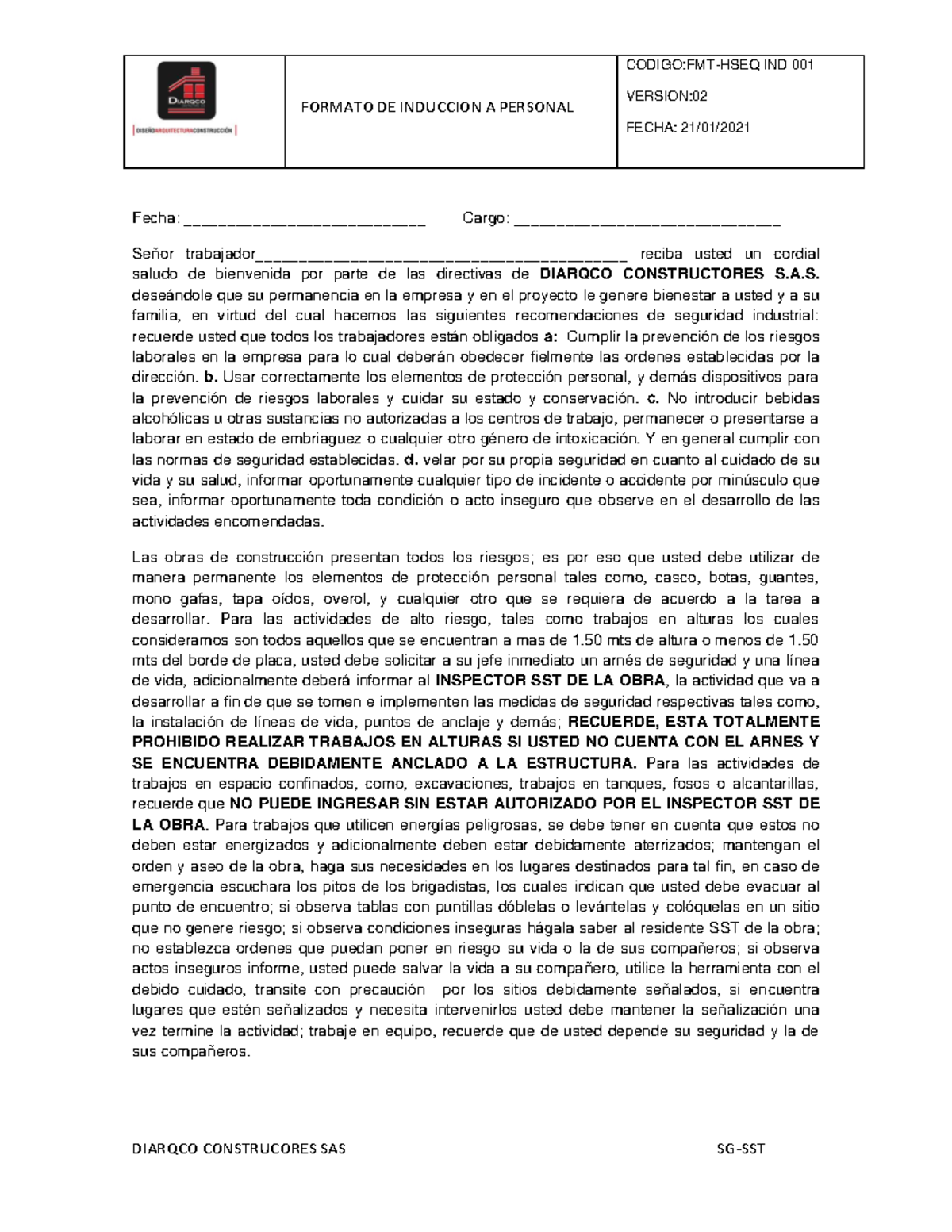Formato de Inducción a Personal de Seguridad - FMT-HSEQ IND 001 - Document Preview