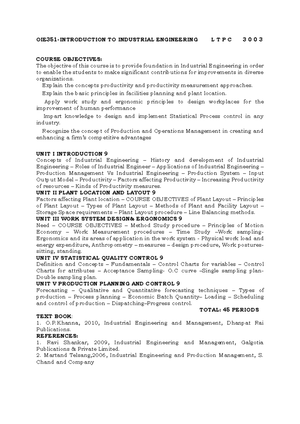 OIE351 - Industrial Engineering Course Overview: Units 1, 2, 3 & 5 ...