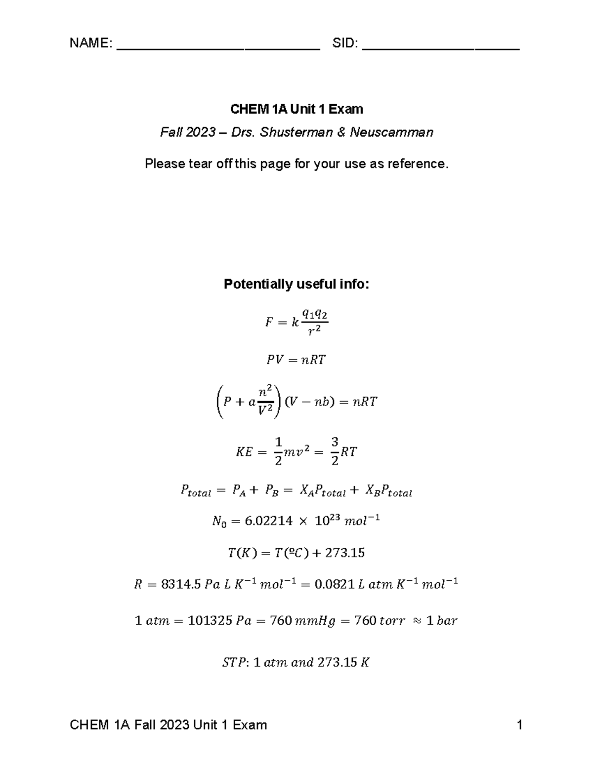CHEM 1A Fall 2023 Practice Midterm Exam 1 Notes - Studocu