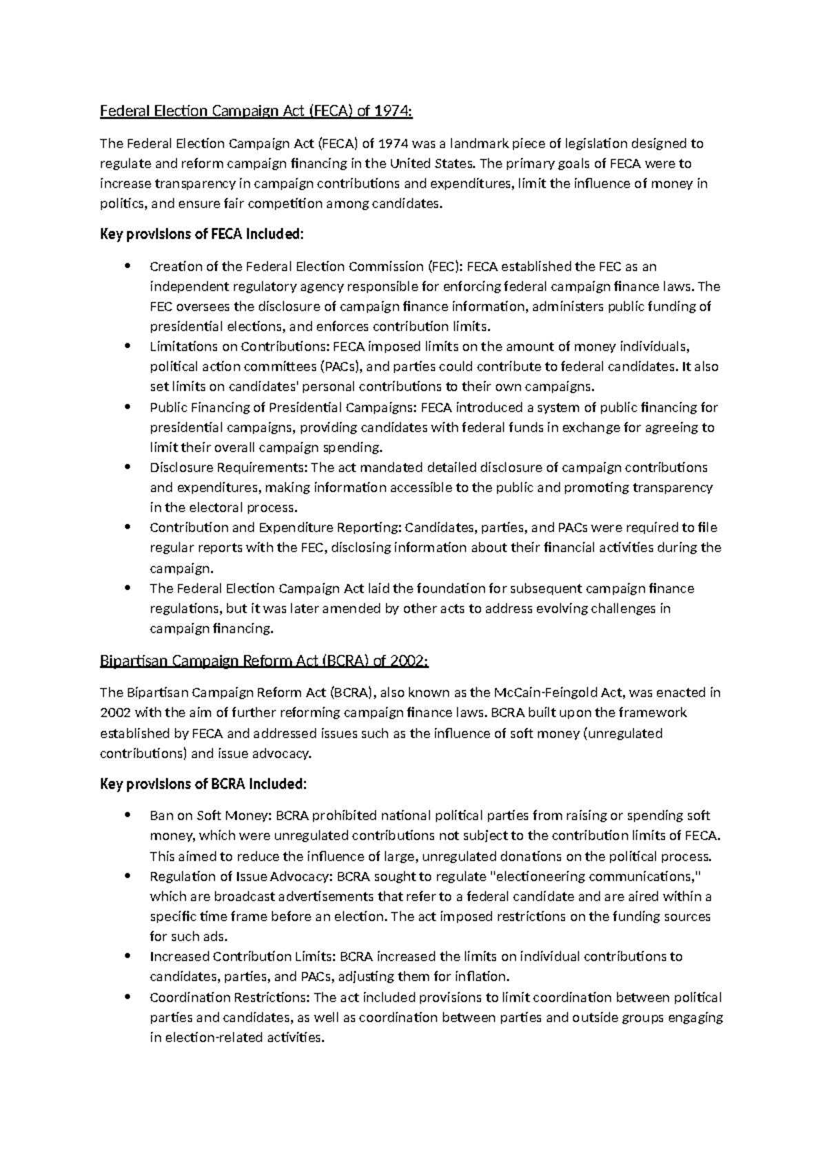 Understanding Campaign Finance Laws: FECA and BCRA Overview - Studocu