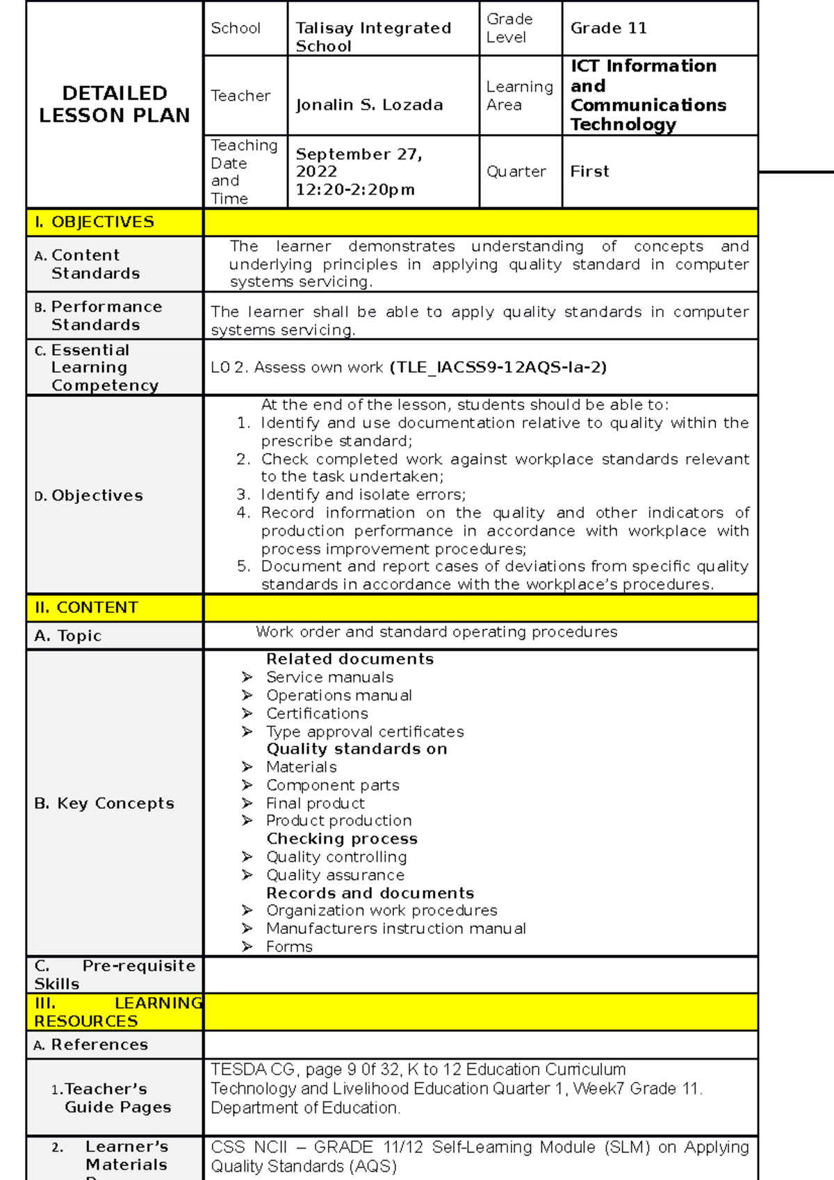 LP. Quality Improvement in ICT11 Lesson Plan - September 27 - Studocu