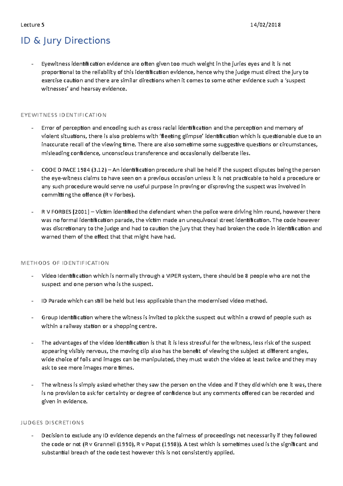 5. Identification & Jury Cautions - Lecture 5 14/02/ ID & Jury ...