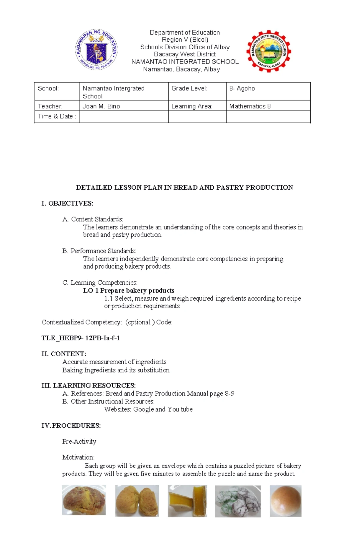 DLL in BPP 8 - Comprehensive Lesson Plan for Bread and Pastry ...