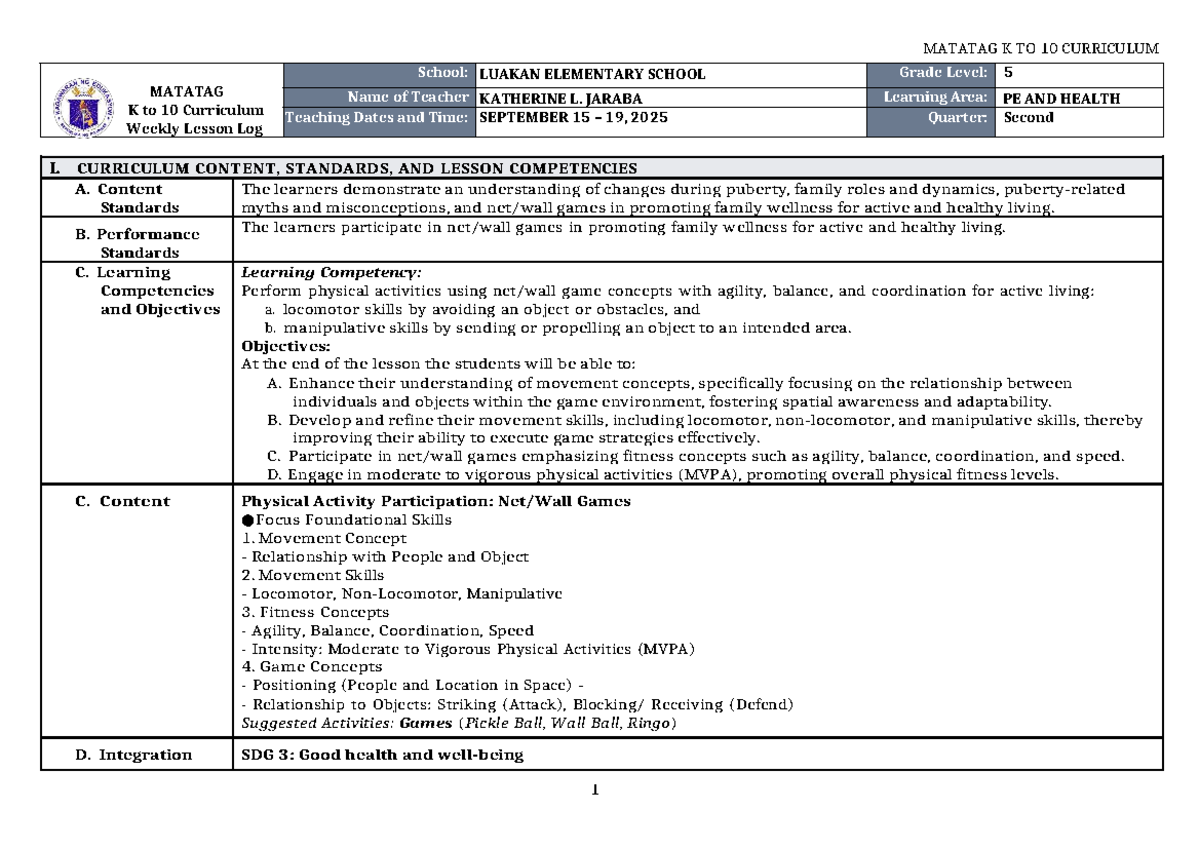 DLL Matatag PE & Health 5 Q2 Weekly Lesson Log (Sept 15-19, 2025) - Studocu