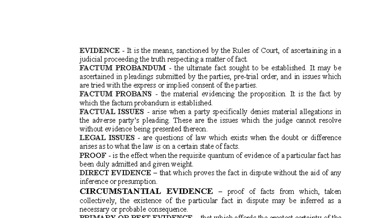 EVIDENCE 101: Key Terminologies and Definitions in Law - Studocu