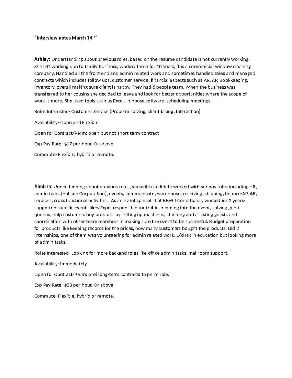 Interview Notes - March 14th - Candidate Evaluations - Studocu