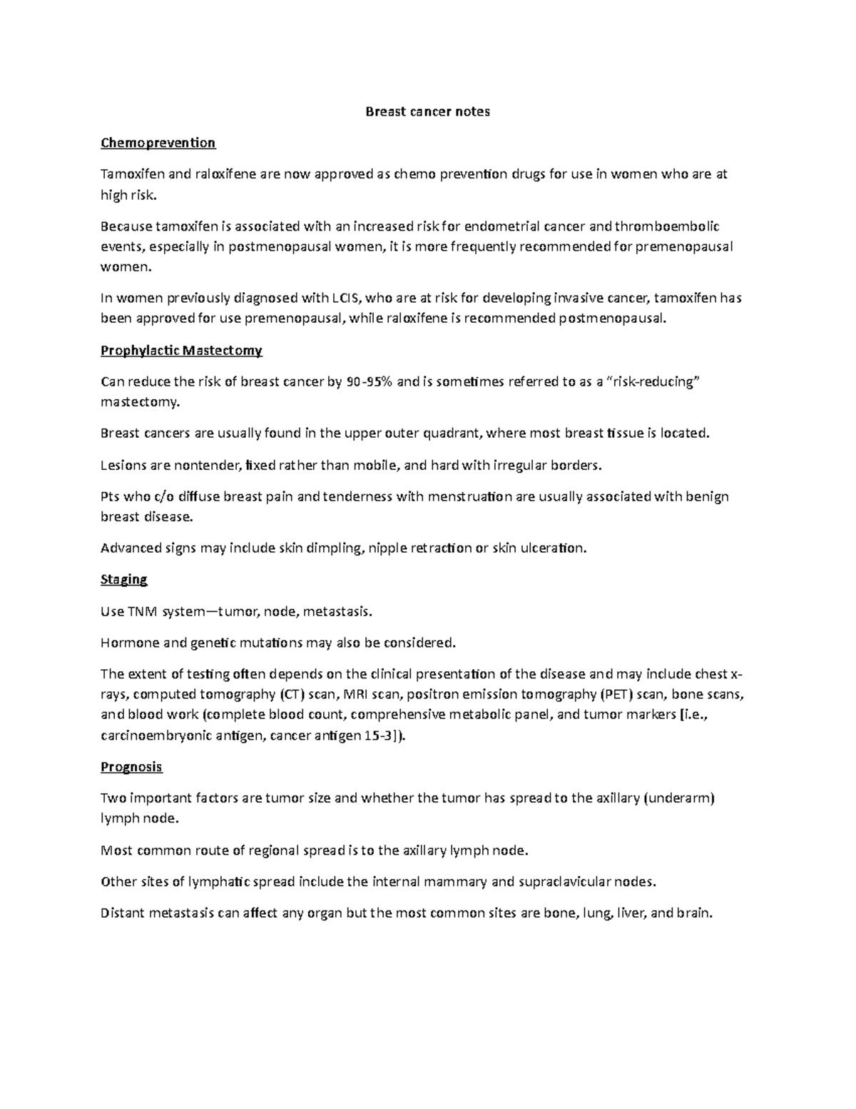 Breast Cancer Study Notes: Chemoprevention, Staging & Prognosis - Studocu